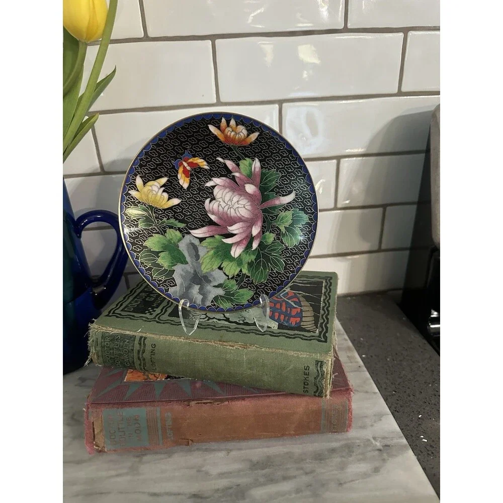 Vintage Japanese Cloisonne Jingfa Floral Enamel 6” Round Plate Turquoise Golden